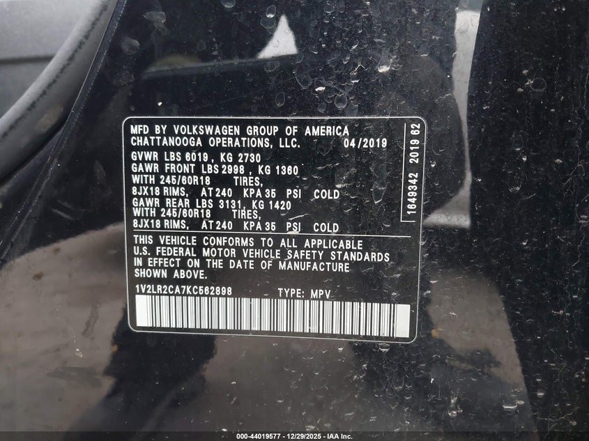 VIN 1V2LR2CA7KC562898 2019 VOLKSWAGEN ATLAS 3.6L V6 SE