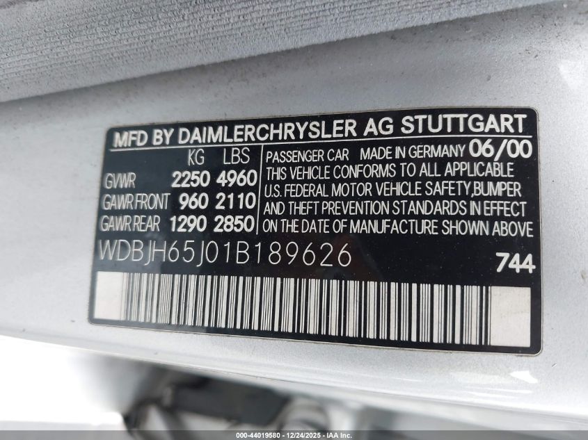 2001 Mercedes-Benz E-Class Base (A5) VIN: WDBJH65J01B189626 Lot: 44019580