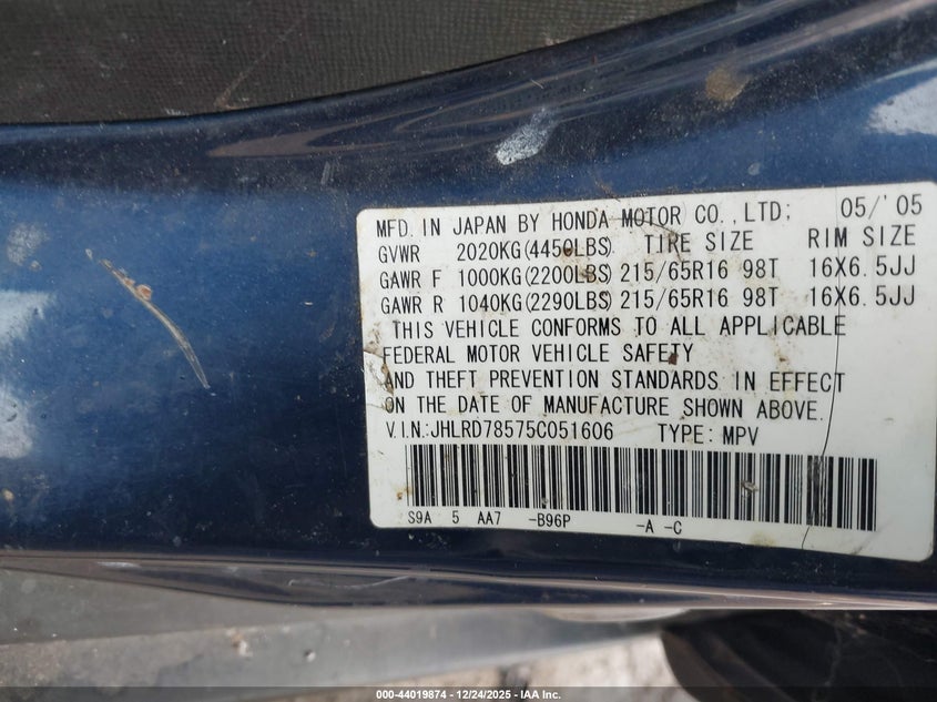 2005 Honda Cr-V Lx VIN: JHLRD78575C051606 Lot: 44019874