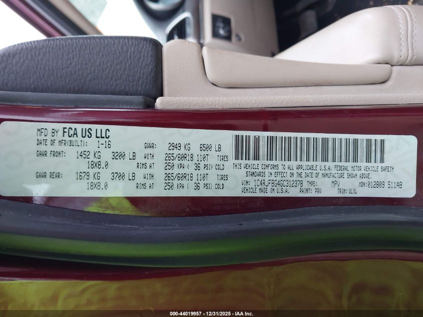 2016 Jeep Grand Cherokee Limited VIN: 1C4RJFBG4GC312378 Lot: 44019957