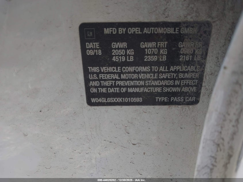 2019 Buick Regal Sportback Fwd Preferred VIN: W04GL6SXXK1010593 Lot: 44020202