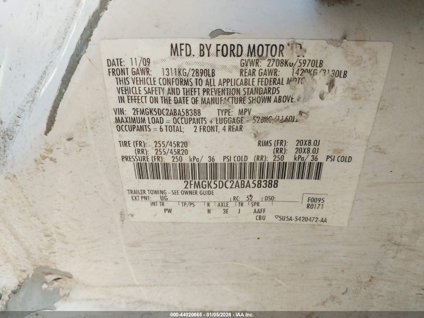 2010 Ford Flex Limited VIN: 2FMGK5DC2ABA58388 Lot: 44020665