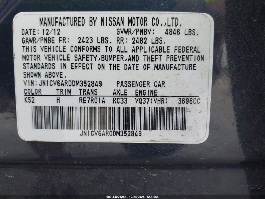 2013 Infiniti G37X VIN: JN1CV6AR0DM352849 Lot: 44021258