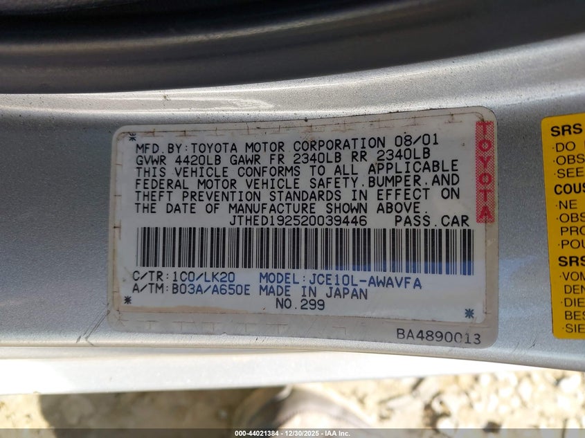 2002 Lexus Is 300 Sport Cross VIN: JTHED192520039446 Lot: 44021384