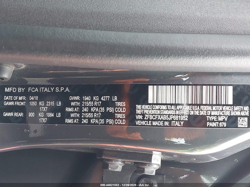 VIN ZFBCFXAB5JP681952 2018 FIAT 500X POP FWD