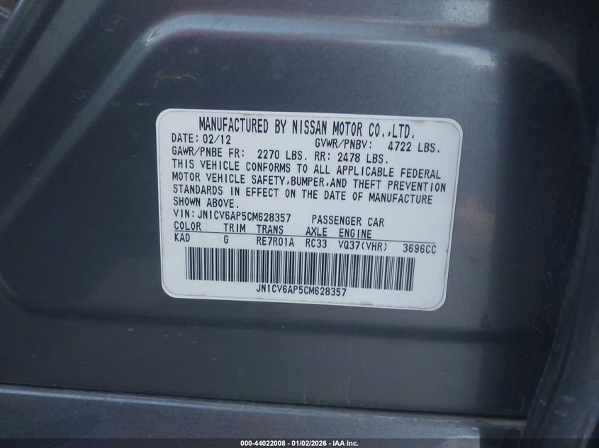 2012 Infiniti G37 Journey VIN: JN1CV6AP5CM628357 Lot: 44022008