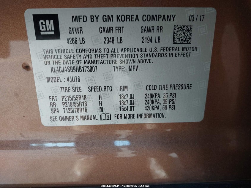 2017 Buick Encore Preferred VIN: KL4CJASB9HB173007 Lot: 44022141