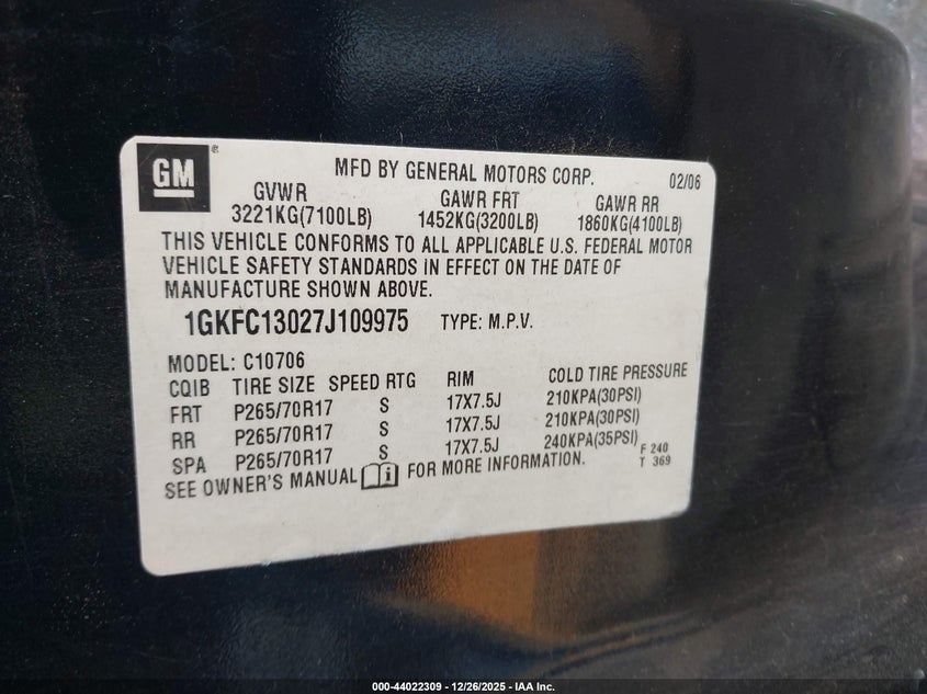 2007 GMC Yukon Slt VIN: 1GKFC13027J109975 Lot: 44022309