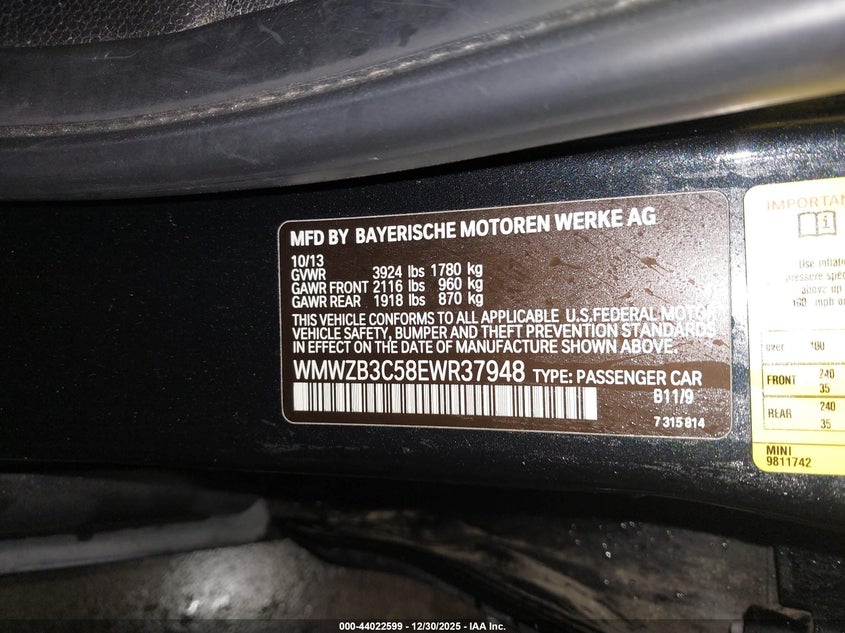 2014 Mini Countryman Cooper VIN: WMWZB3C58EWR37948 Lot: 44022599