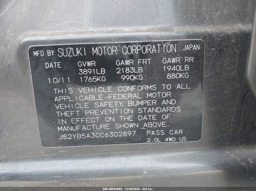 2012 Suzuki Sx4 Premium/Tech Valu Pkg (Nav) VIN: JS2YB5A30C6302897 Lot: 44022695