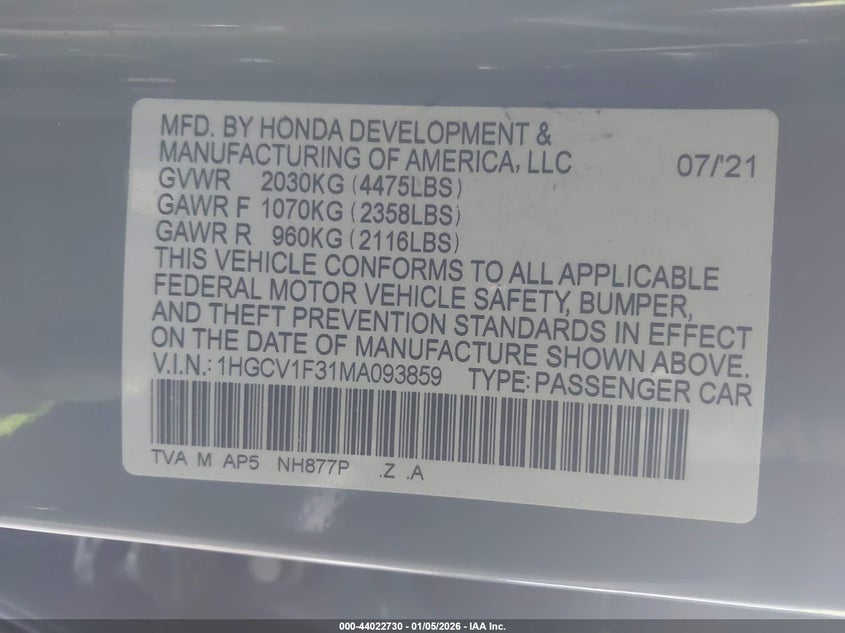 VIN 1HGCV1F31MA093859 2021 HONDA ACCORD SPORT