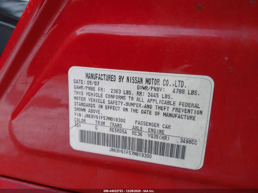 2007 Infiniti G35X VIN: JNKBV61F57M819300 Lot: 44022753
