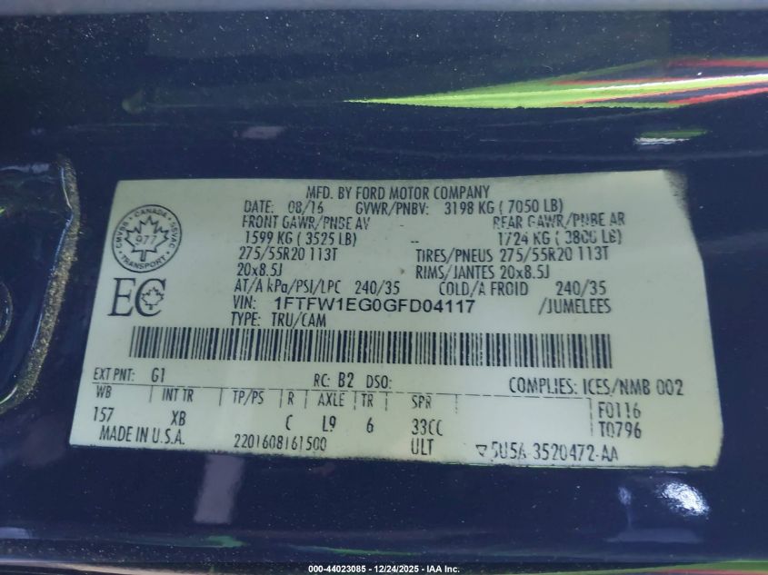 2016 Ford F-150 Xlt VIN: 1FTFW1EG0GFD04117 Lot: 44023085