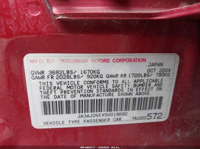 2005 Mitsubishi Lancer Es VIN: JA3AJ26EX5U018682 Lot: 44023117