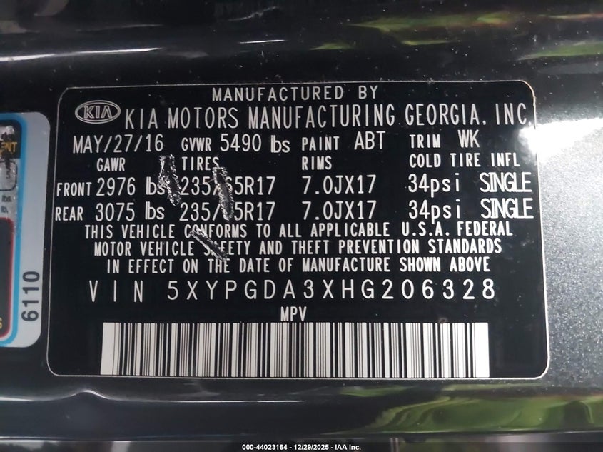 KIA SORENTO 2017 VIN 5XYPGDA3XHG206328