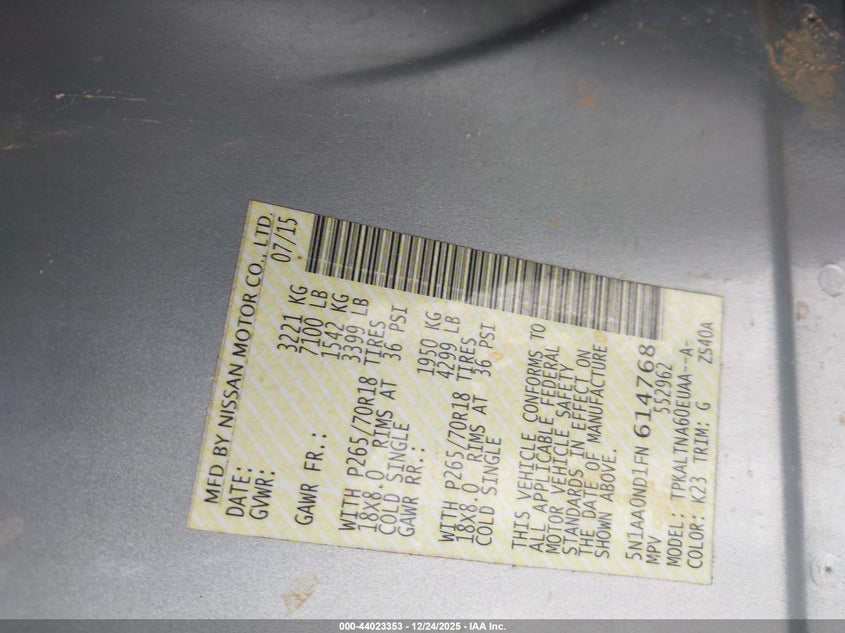 2015 Nissan Armada Sv VIN: 5N1AA0ND1FN614768 Lot: 44023353