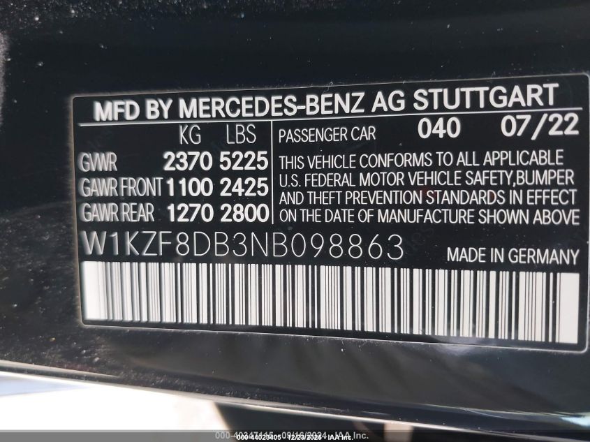 2022 Mercedes-Benz E 350 VIN: W1KZF8DB3NB098863 Lot: 44023405