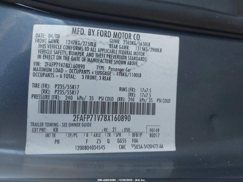 2008 Ford Crown Victoria Police/Police Interceptor VIN: 2FAFP71V78X160890 Lot: 44023490