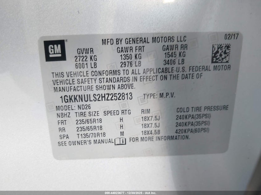 2017 GMC Acadia Slt-1 VIN: 1GKKNULS2HZ252813 Lot: 44023677