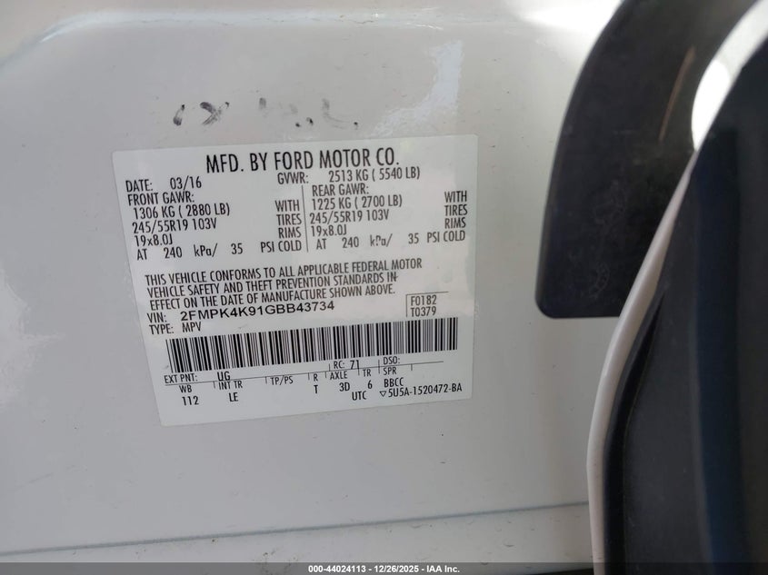 FORD EDGE 2016 VIN 2FMPK4K91GBB43734