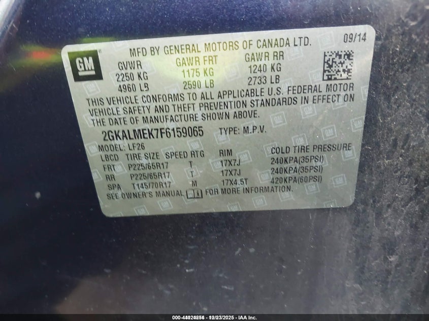 GMC TERRAIN 2015 VIN 2GKALMEK7F6159065