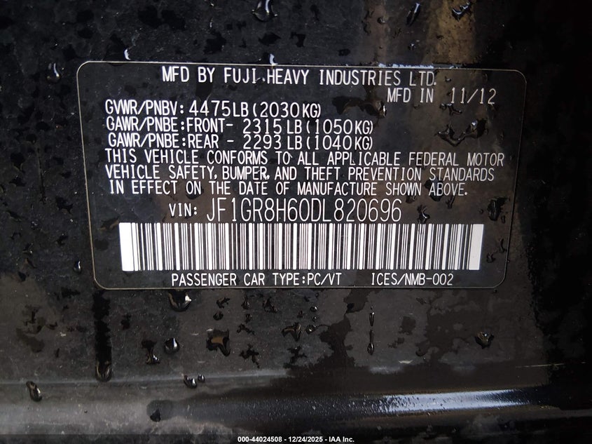 2013 Subaru Impreza Wrx Sti VIN: JF1GR8H60DL820696 Lot: 44024508