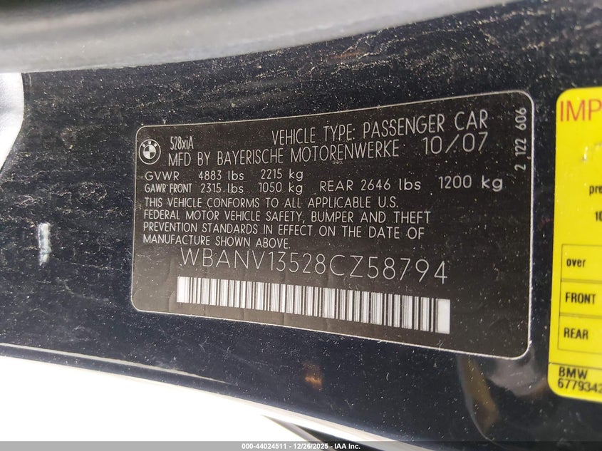 2008 BMW 528Xi VIN: WBANV13528CZ58794 Lot: 44024511