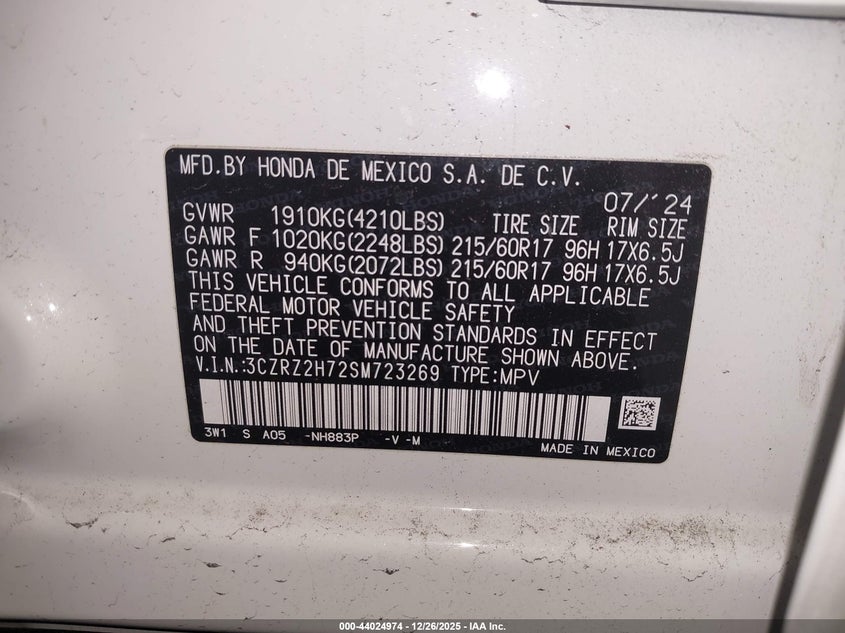 VIN 3CZRZ2H72SM723269 2025 HONDA HR-V AWD EX-L