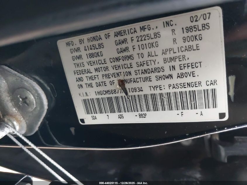 2007 Honda Accord 2.4 Ex VIN: 1HGCM56877A110934 Lot: 44025115