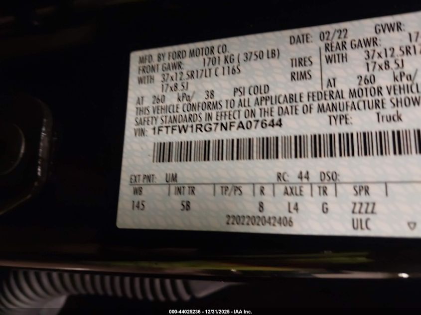 2022 Ford F-150 - 1FTFW1RG7NFA07644