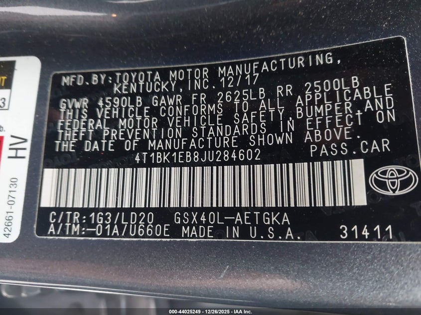 VIN 4T1BK1EB8JU284602 2018 TOYOTA AVALON XLE