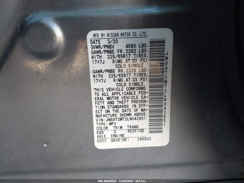 VIN JN8AT2MT2LW042851 2020 NISSAN ROGUE S FWD