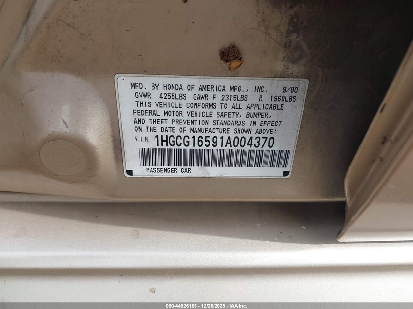 2001 Honda Accord 3.0 Ex VIN: 1HGCG16591A004370 Lot: 44026166