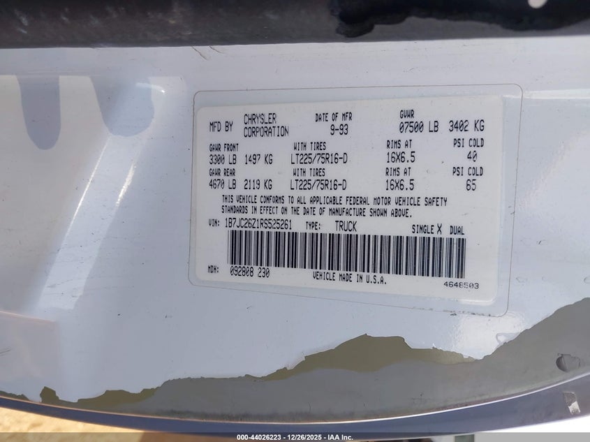 1994 Dodge Ram 2500 VIN: 1B7JC26Z1RS525261 Lot: 44026223