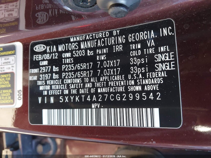 2012 KIA SORENTO SPORT UTILITY VEHICLE 3.5L V-6 DOHC, VVT, 276HP