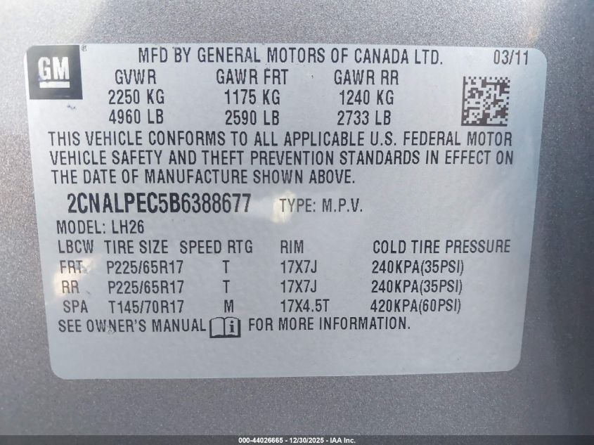 2011 Chevrolet Equinox 2Lt VIN: 2CNALPEC5B6388677 Lot: 44026665