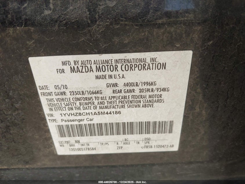 2010 Mazda Mazda6 I Touring Plus VIN: 1YVHZ8CH1A5M44186 Lot: 44026708