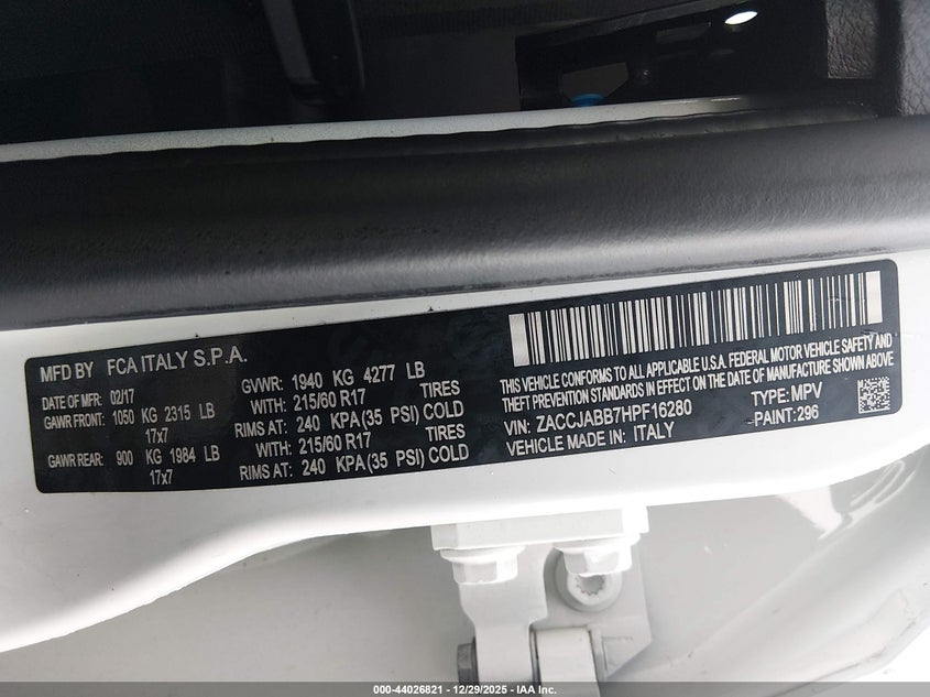 VIN ZACCJABB7HPF16280 2017 JEEP RENEGADE LATITUDE FWD