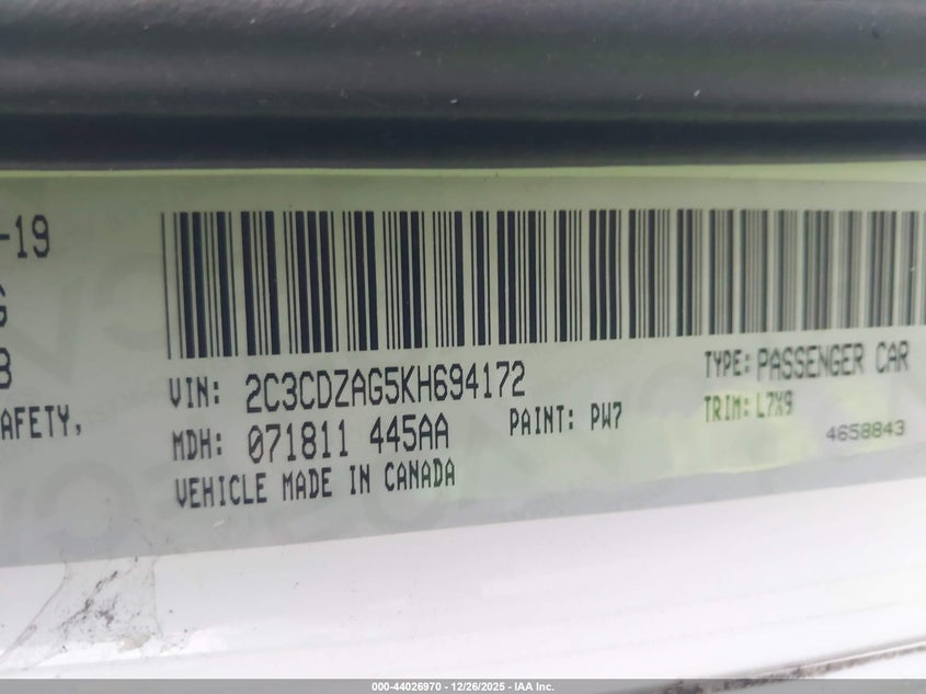 VIN 2C3CDZAG5KH694172 2019 DODGE CHALLENGER SXT