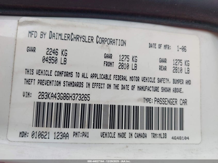 2006 Dodge Charger VIN: 2B3KA43G86H373265 Lot: 44027164