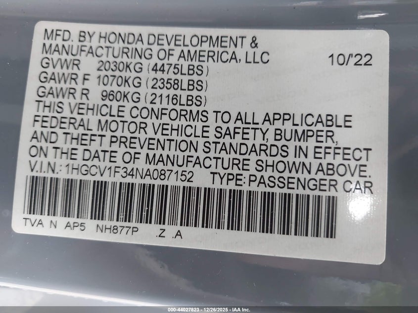 VIN 1HGCV1F34NA087152 2022 HONDA ACCORD SPORT