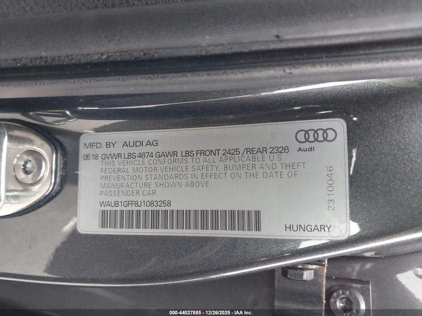 2018 Audi S3 2.0T Premium Plus/2.0T Tech Premium Plus VIN: WAUB1GFF8J1083258 Lot: 44027885