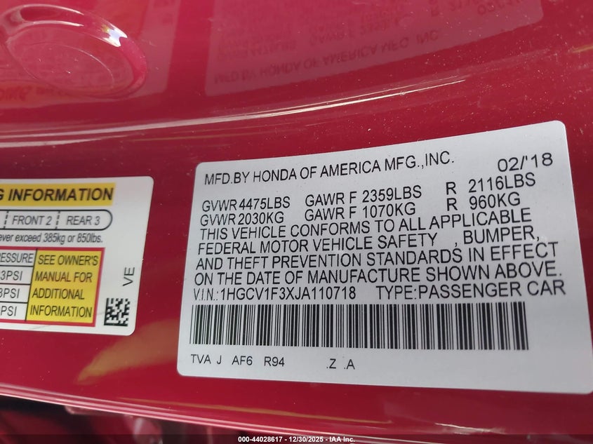 VIN 1HGCV1F3XJA110718 2018 HONDA ACCORD SPORT