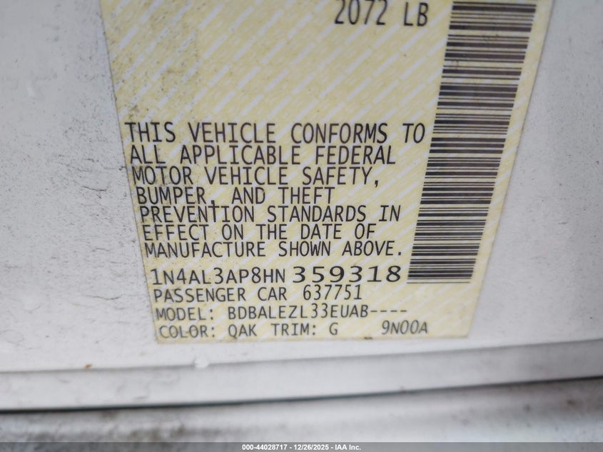 VIN 1N4AL3AP8HN359318 2017 NISSAN ALTIMA 2.5 S