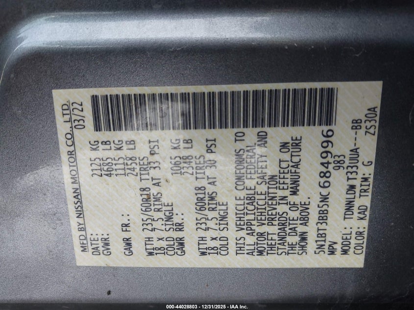 2022 Nissan Rogue Sv Intelligent Awd VIN: 5N1BT3BB5NC684996 Lot: 44028803