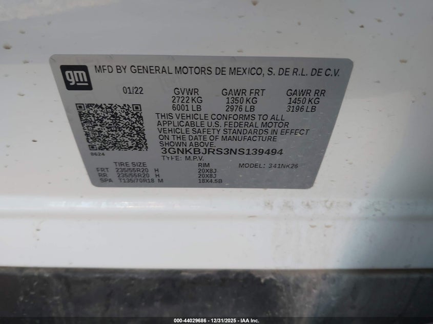 VIN 3GNKBJRS3NS139494 2022 CHEVROLET BLAZER AWD 3LT
