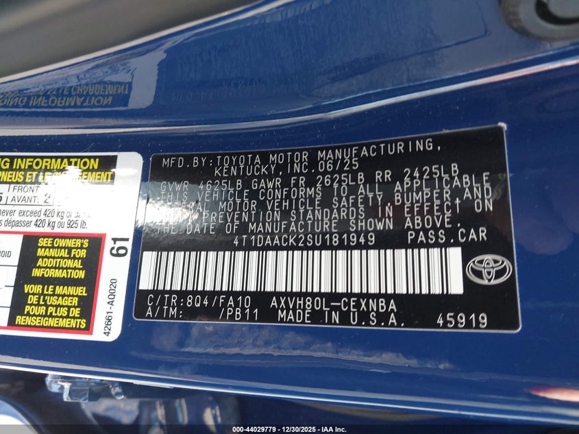 VIN 4T1DAACK2SU181949 2025 TOYOTA CAMRY LE
