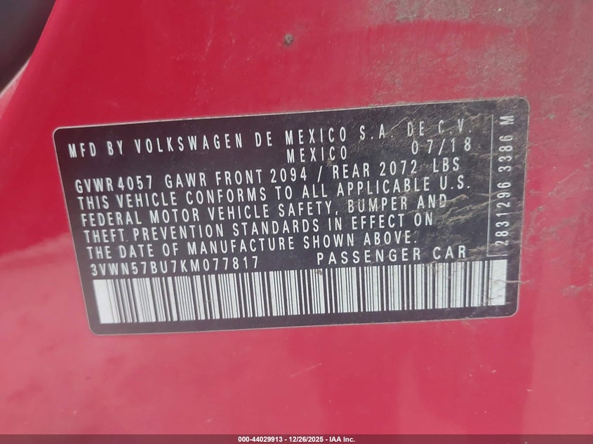 VIN 3VWN57BU7KM077817 2019 VOLKSWAGEN JETTA 1.4T S