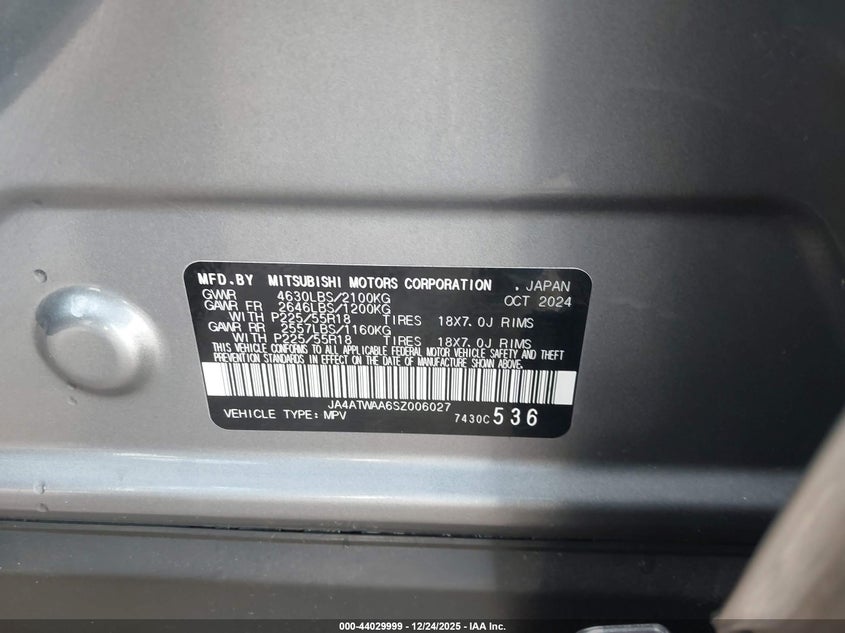 2025 Mitsubishi Eclipse Cross Sel VIN: JA4ATWAA6SZ006027 Lot: 44029999