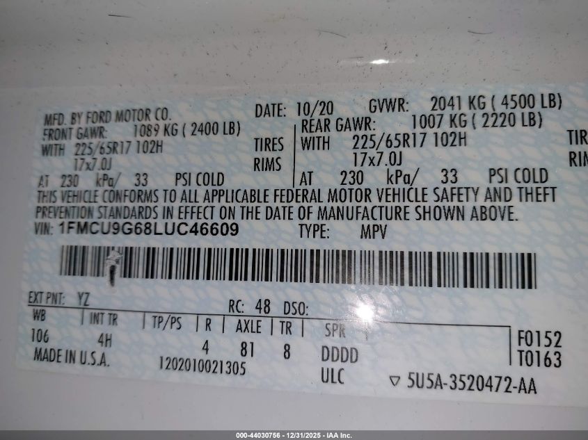 2020 Ford Escape Se VIN: 1FMCU9G68LUC46609 Lot: 44030756